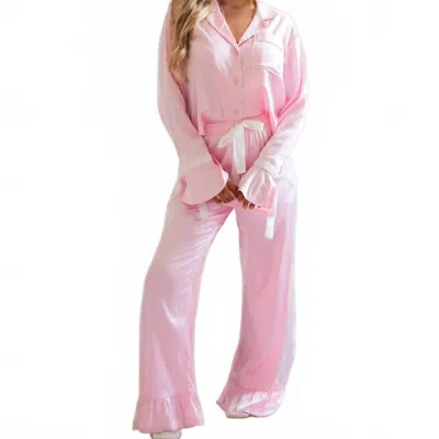 La Society Satin Top With Bows & Ruffled Pants Lounge Set In Soft Pink