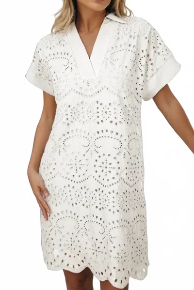 La Society Solid Color Eyelet Embroidered T Shirt Mini Dress In White