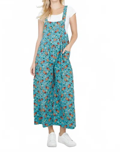 L.a Soul Floral Print Wide Leg Overalls In Teal Blue
