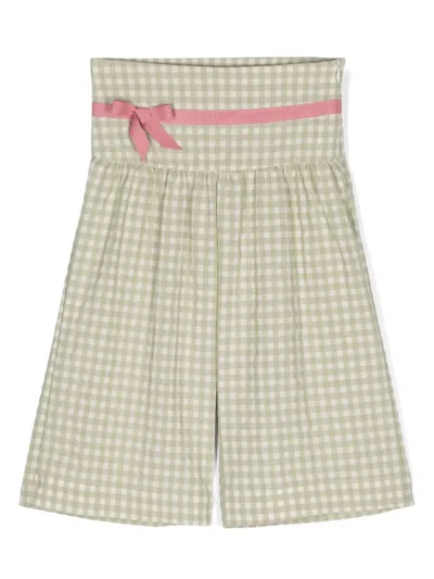 La Stupenderia Kids' Bow-detail Gingham-pattern Trousers In Green