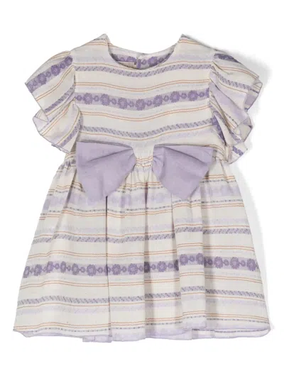 La Stupenderia Kids' Bow-detail Striped Dress In Neutrals