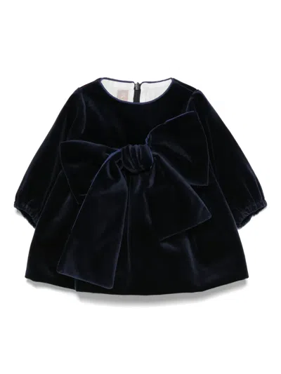 La Stupenderia Babies' Bow-detail Velvet Dress Set (set Of Two) In Blue