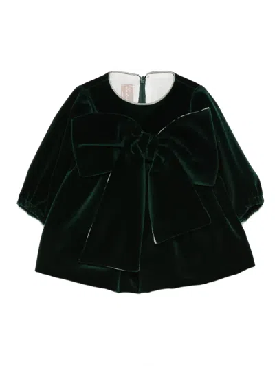 La Stupenderia Babies' Bow-detailed Velvet Dress In Green