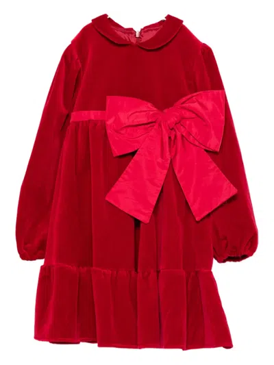 La Stupenderia Kids' Bow-embellished Velvet Dress In Red