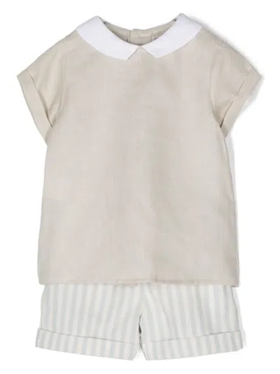 La Stupenderia Babies' Contrast-collar Shorts Set In Neutrals