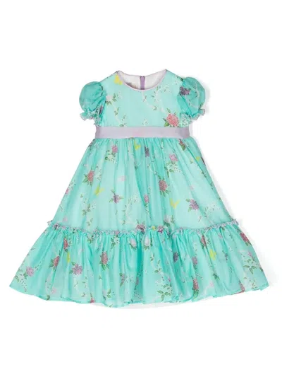 La Stupenderia Babies' Floral-print Short-sleeved Dress In Blue