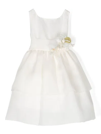La Stupenderia Kids' Floral-appliqué Silk Dress In White