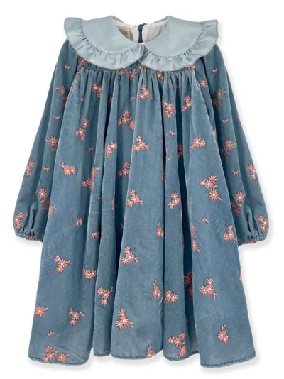 La Stupenderia Kids' Floral Embroidery Velvet Dress In Light Blue