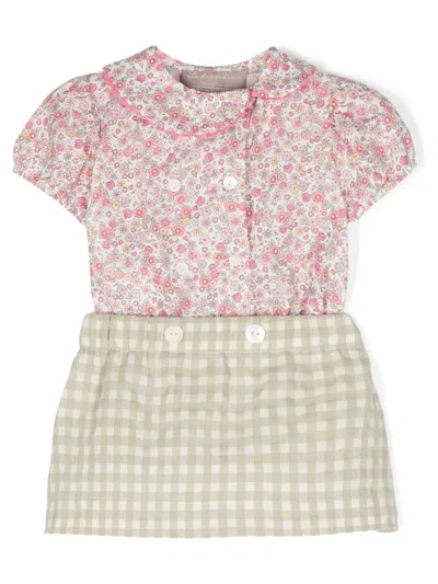 La Stupenderia Babies' Floral Gingham Skirt Set In Green