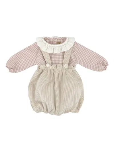La Stupenderia Ruffled-collar Gingham-pattern Babygrow Set In Neutral