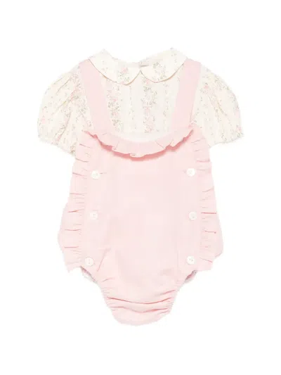 La Stupenderia Kids' Ruffled Floral-print Dungarees And Top Set In Pink
