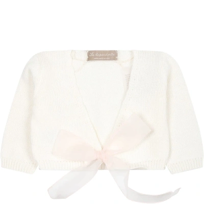 La Stupenderia White Cardigan For Baby Girl With Pink Bow In Neutrals