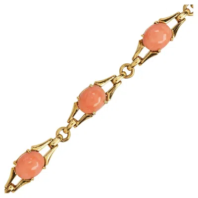 Pre-owned La Triomphe Vintage Coral 18k Gold Cabochon Link Bracelet In Red