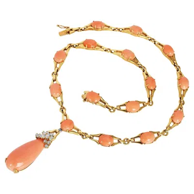 Pre-owned La Triomphe Vintage  Coral Diamond 18k Gold Tear Drop Collar Necklace In Red