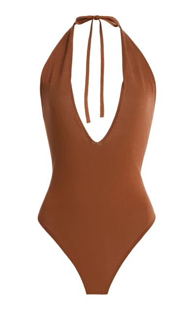 La Veste Exclusive La Isla Knit Cotton Polo Bodysuit In Brown