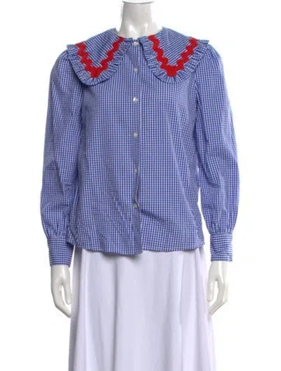 Pre-owned La Veste Plaid Print Long Sleeve Blouse In Blue