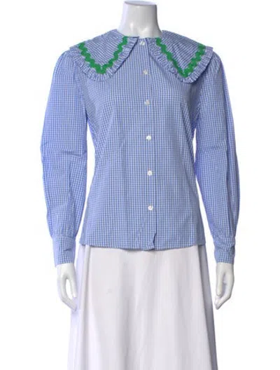 Pre-owned La Veste Plaid Print Long Sleeve Blouse In Blue