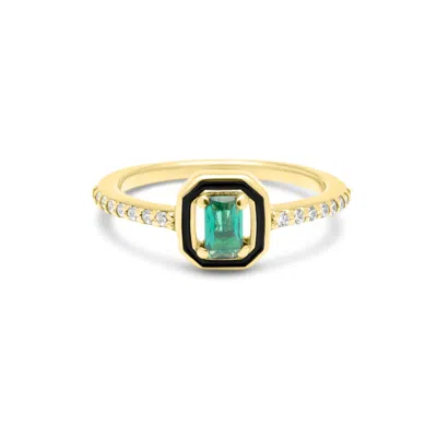 La Vie Jewelry Women's Emerald Cut With Emerald Stone & Black Enamel Ring - Gold Plated