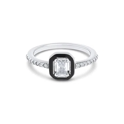La Vie Jewelry Women's White Emerald Cut With Black Enamel Ring - Silver