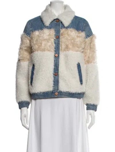 Pre-owned La Vie Rebecca Taylor Colorblock Pattern Faux Fur Jacket In Blue