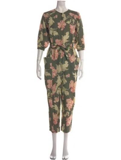 Pre-owned La Vie Rebecca Taylor Floral Print Crew Neck Jumpsuit In Green