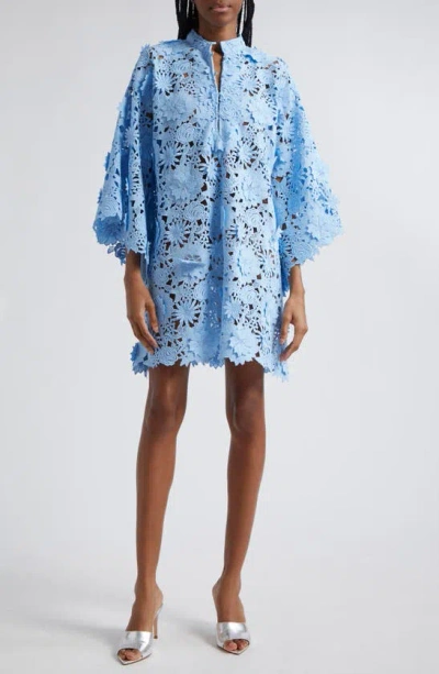 La Vie Style House 3d Floral Lace Cover-up Mini Caftan In Pale Blue