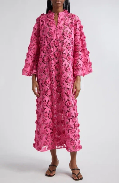 La Vie Style House '70s Floral Lace Cover-up Maxi Caftan In Pink