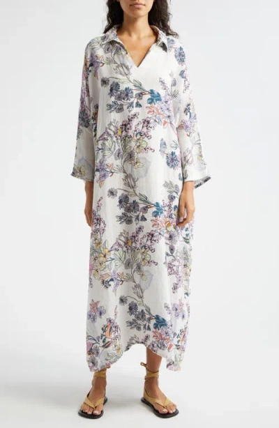 La Vie Style House Everyday Floral Long Sleeve Linen Cover-up Caftan In White Blue Multi