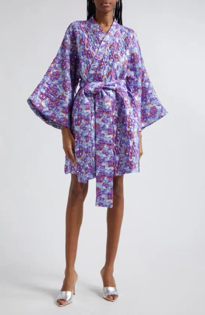 La Vie Style House Floral Brocade Long Sleeve Wrap Style Dress In Purple Blue Multi
