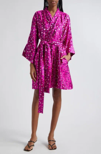 La Vie Style House Floral Jacquard Long Sleeve Wrap Minidress In Magenta/ White/ Blue Multi