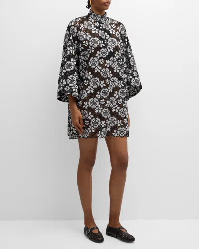 La Vie Style House Floral Lace Mini Caftan In Black/white