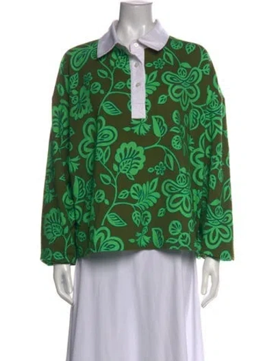 Pre-owned La Vie Style House Floral Print Long Sleeve Polo In Green