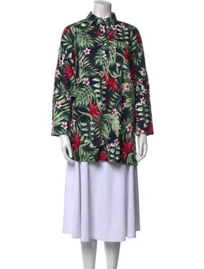 Pre-owned La Vie Style House Floral Print Mock Neck Tunic In Green