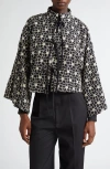 La Vie Style House Flower Embroidered Tie Front Crop Jacket In Cream/ Black