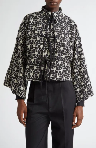 La Vie Style House Flower Embroidered Tie Front Crop Jacket In Black