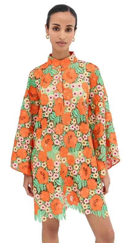 La Vie Style House Garden Floral Lace Mini Caftan Orange & Green