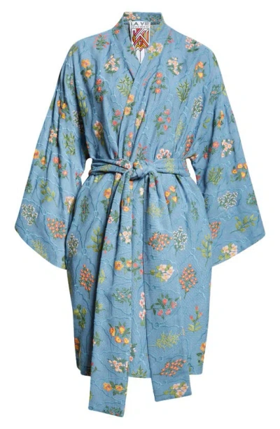 La Vie Style House Garden Flower Embroidered Long Sleeve Wrap Minidress In Slate Blue Multi