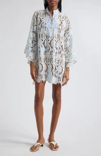 La Vie Style House Honeysuckle Floral Lace Cover-up Mini Caftan In Pale Blue