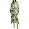 La Vie Style House Leaf Print Long Sleeve Satin Cover-up Caftan In Green/white