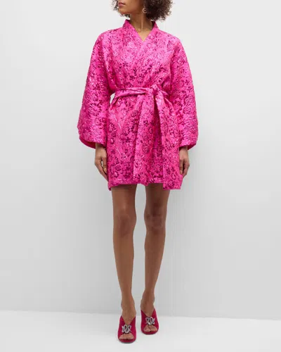 La Vie Style House Floral Brocade Long Sleeve Cover-up Wrap Minidress In Hot Pink