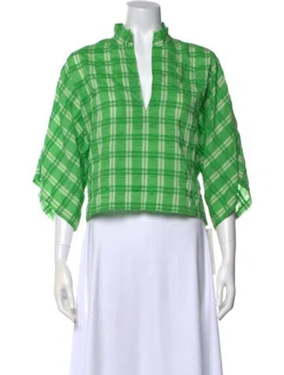 Pre-owned La Vie Style House Plaid Print V-neck Crop Top In Green