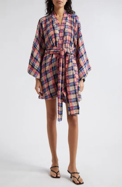 La Vie Style House Plaid Tweed Long Sleeve Wrap Minidress In Multi