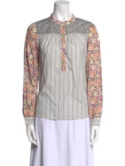 Pre-owned La Vie Style House Printed Mock Neck Button-up Top In Multi