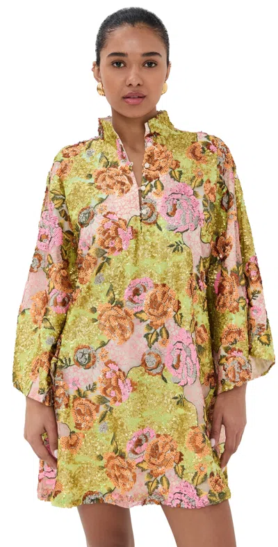 La Vie Style House Scattered Floral Sequin Mini Caftan Green/pink Multi