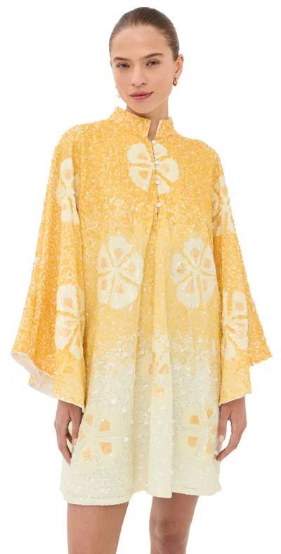 La Vie Style House Sequin Hawaiian Flower Mini Caftan Yellow & White