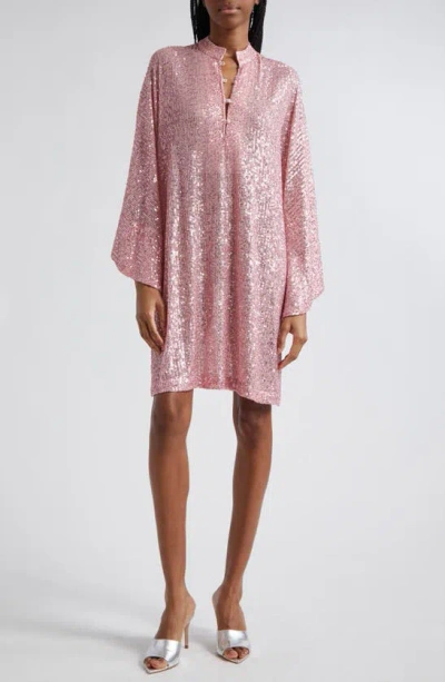 La Vie Style House Sequin Mesh Cover-up Mini Caftan In Soft Pink
