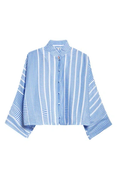 La Vie Style House Stripe Cotton Crop Jacket In Blue/ White