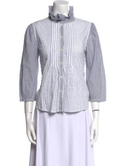 Pre-owned La Vie Style House Striped Mock Neck Button-up Top In White