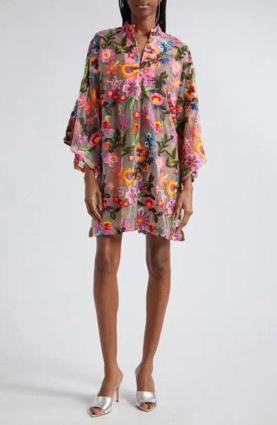 La Vie Style House Tropical Floral Embroidered Cover-up Mini Caftan In Pink/ Yellow/ Blue Multi