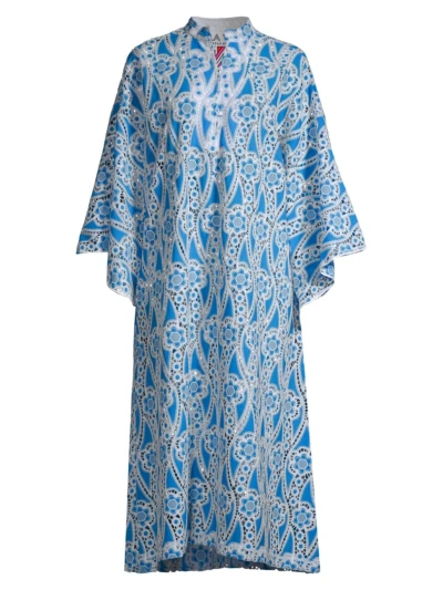 La Vie Style House Women's Floral Appliqué Lace Maxi Caftan In Cyan Blue